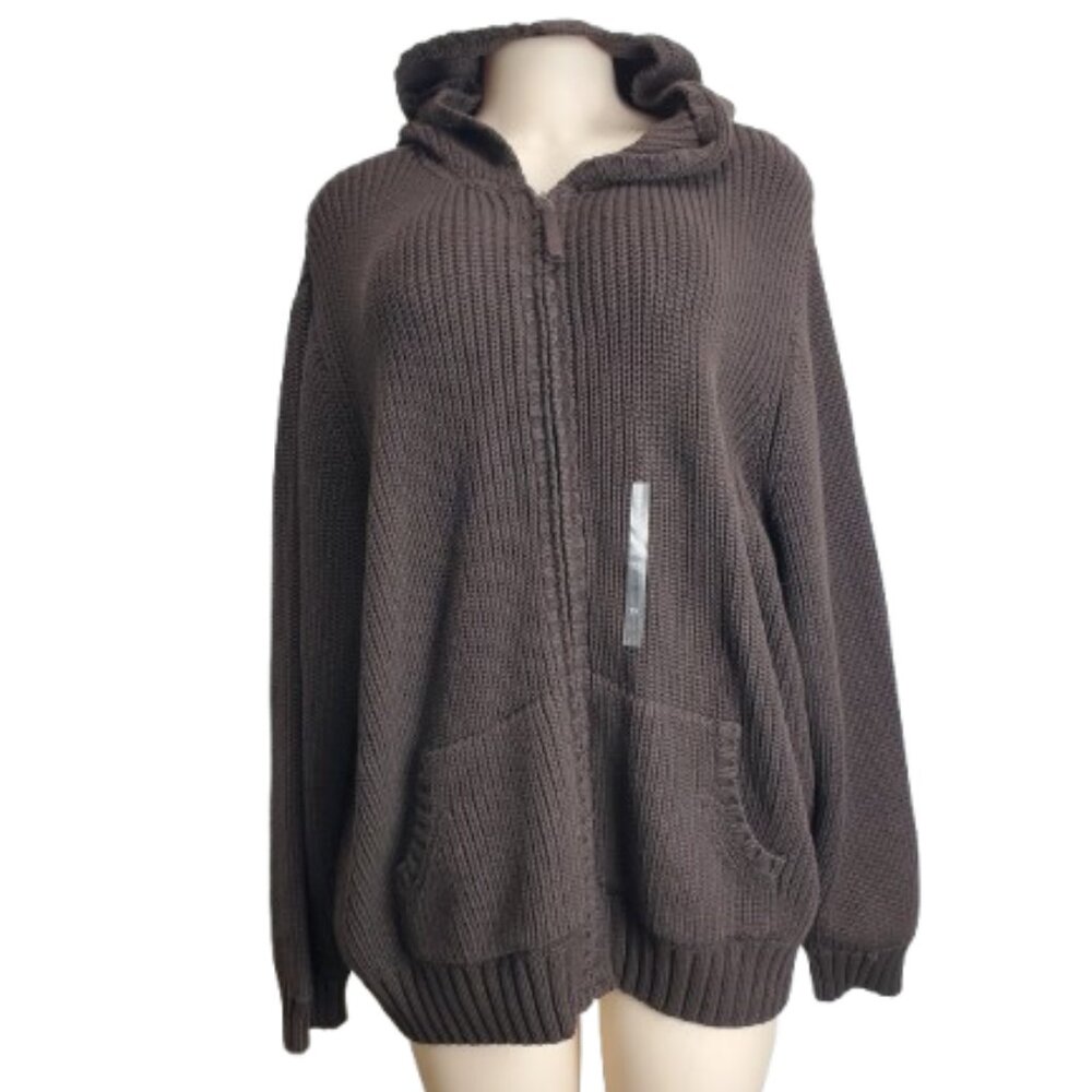 Liz Claiborne Dark Brown Hooded Zip Knit Cardigan